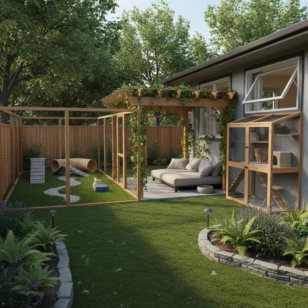Secure pet-friendly backyard with dog run, shaded area, and catio for outdoor enjoyment.