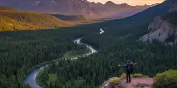 Panoramic view of a serene national park with a winding river and lush mountains, hinting at untouched beauty.