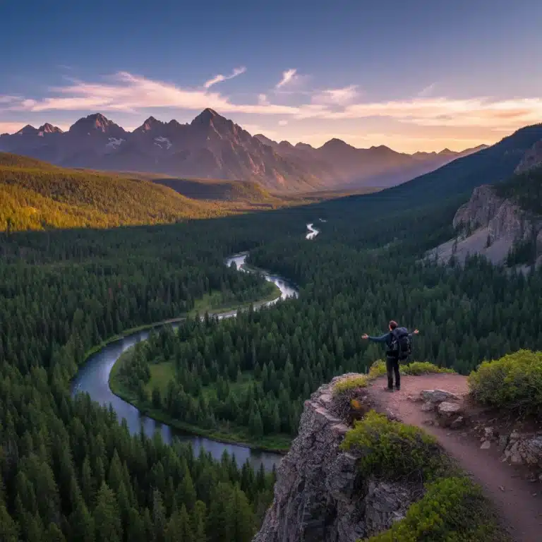 Panoramic view of a serene national park with a winding river and lush mountains, hinting at untouched beauty.