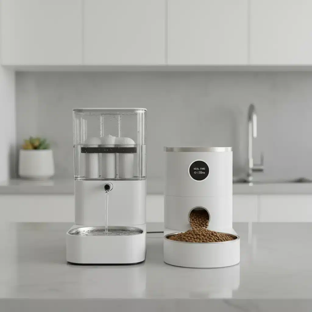 Smart pet feeder and filtered water fountain for modern pet care convenience.