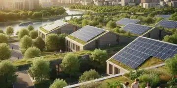 Diverse individuals embracing sustainable living practices in a modern urban environment.