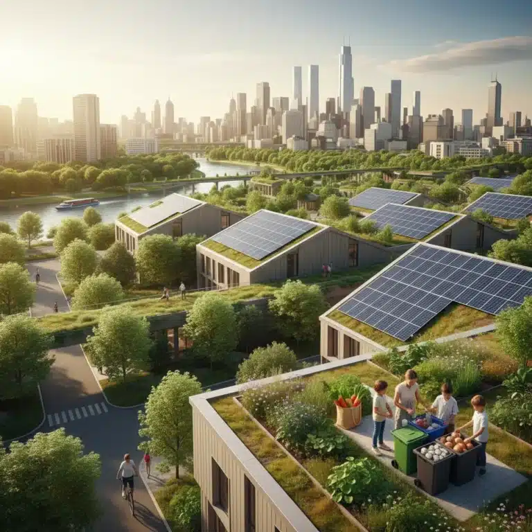 Diverse individuals embracing sustainable living practices in a modern urban environment.