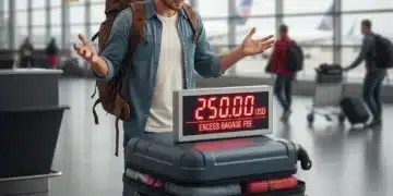 Confused traveler at airport baggage check-in with large suitcase and high surcharge fee on scale