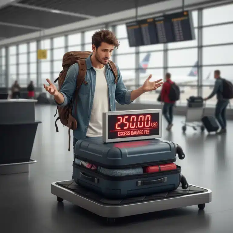 Confused traveler at airport baggage check-in with large suitcase and high surcharge fee on scale