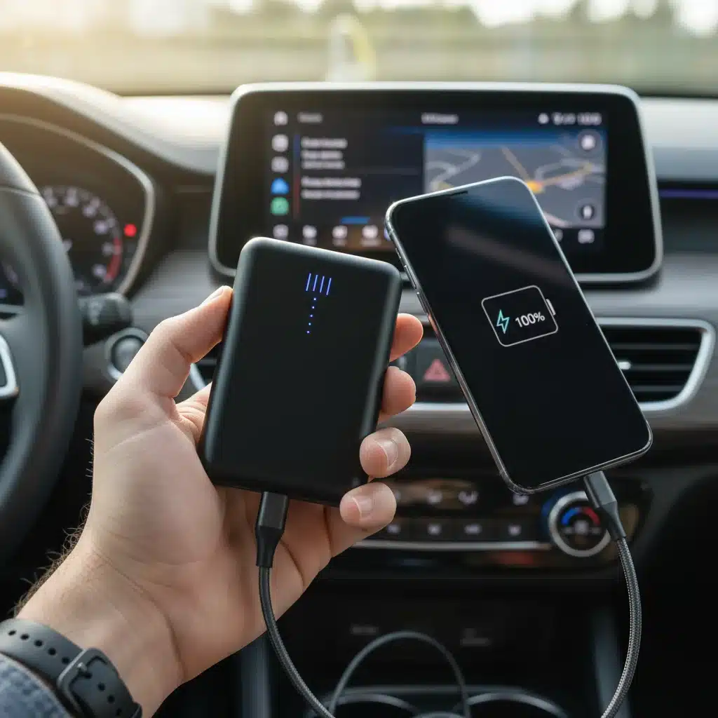 Person charging phone with power bank in car