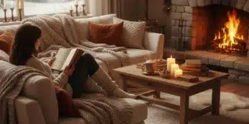 Cozy living room with fireplace and candles, embodying hygge lifestyle