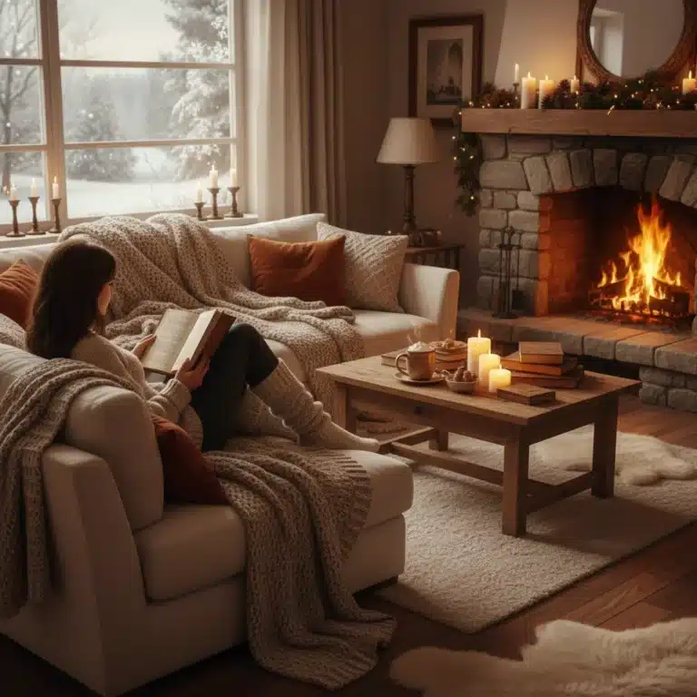 Cozy living room with fireplace and candles, embodying hygge lifestyle