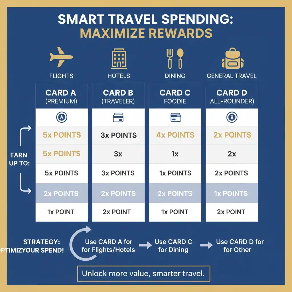 Infographic comparing credit card bonus categories for travel rewards