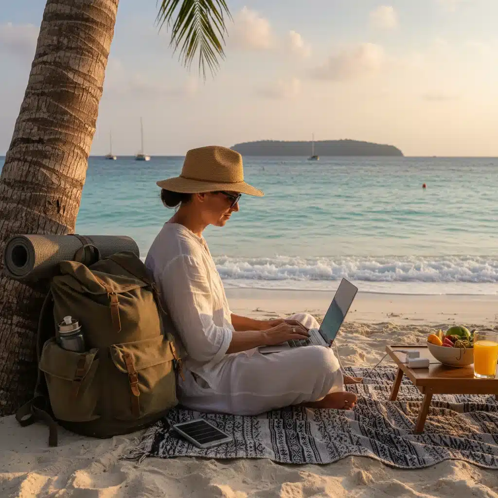 Digital nomad working remotely from a beautiful beach