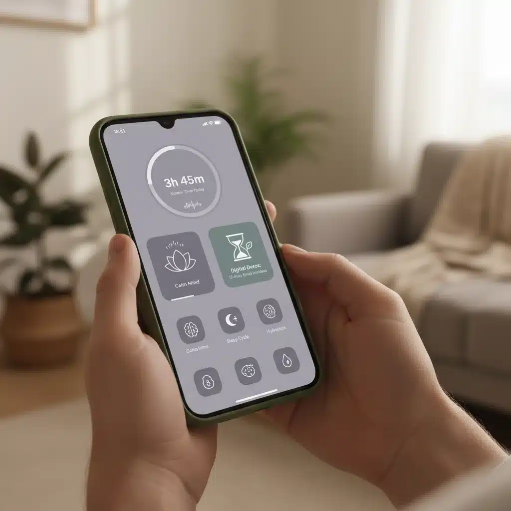 Smartphone displaying digital wellness apps for screen time management and meditation.