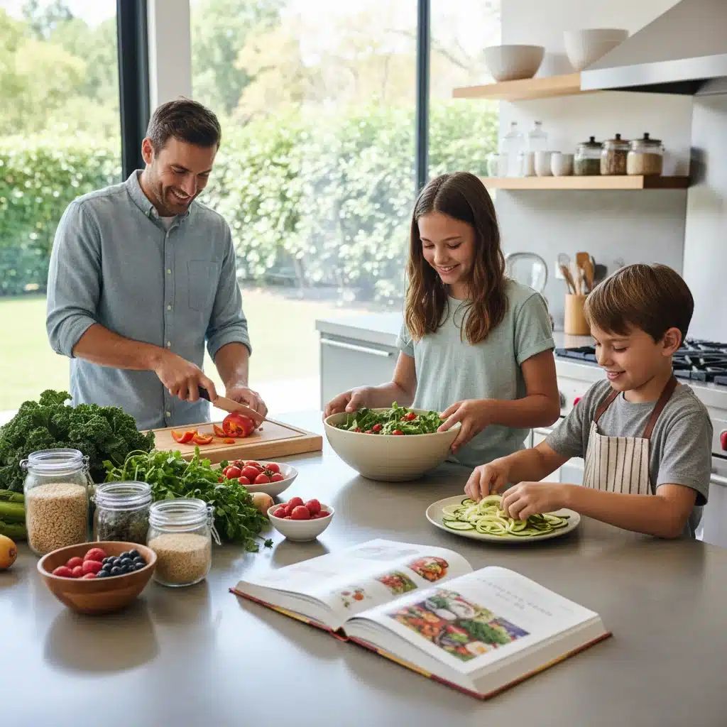 Family cooking healthy meal together in kitchen, adapting to new dietary guidelines.