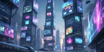 Futuristic cityscape with holographic short-form video content on screens and people engrossed in mobile devices.