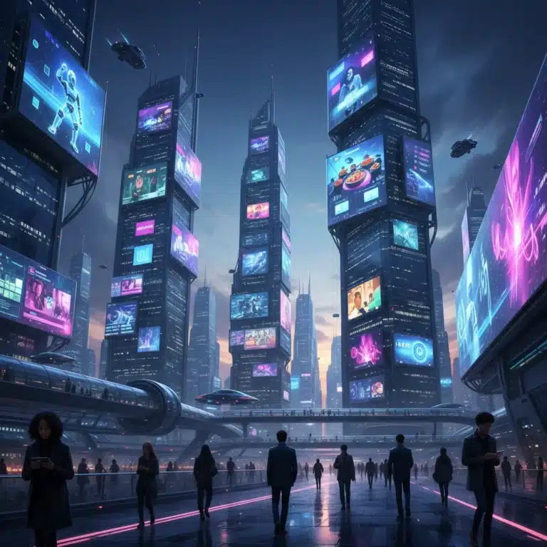 Futuristic cityscape with holographic short-form video content on screens and people engrossed in mobile devices.