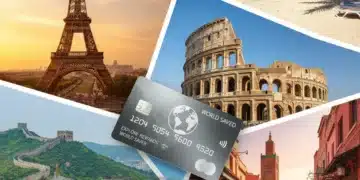 Global landmarks with a credit card, symbolizing maximized travel rewards