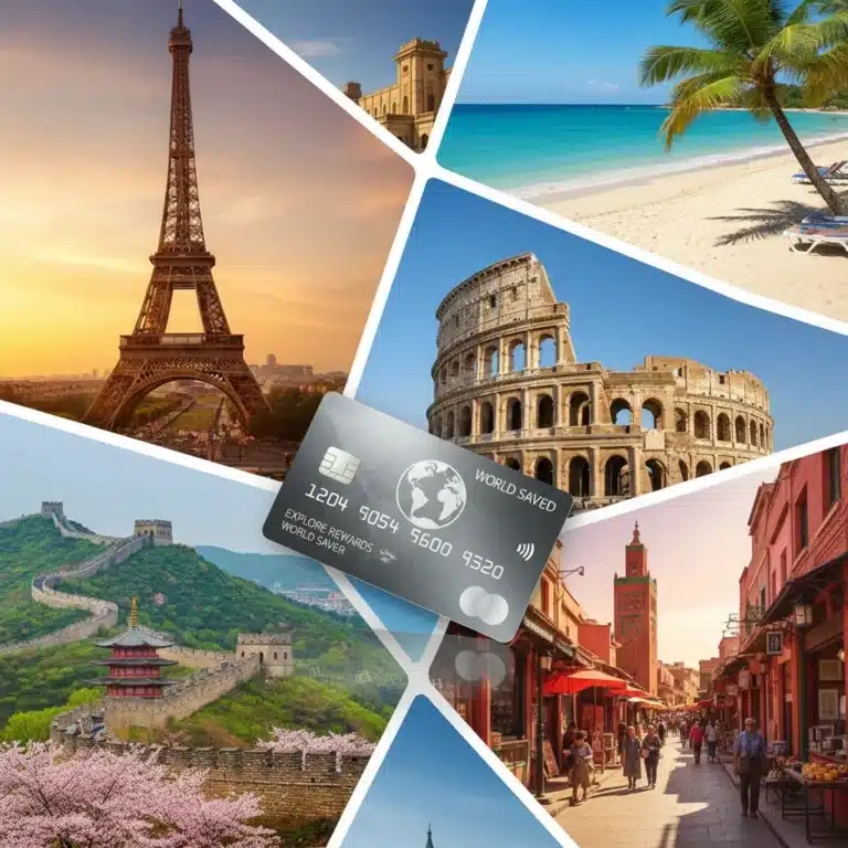 Global landmarks with a credit card, symbolizing maximized travel rewards