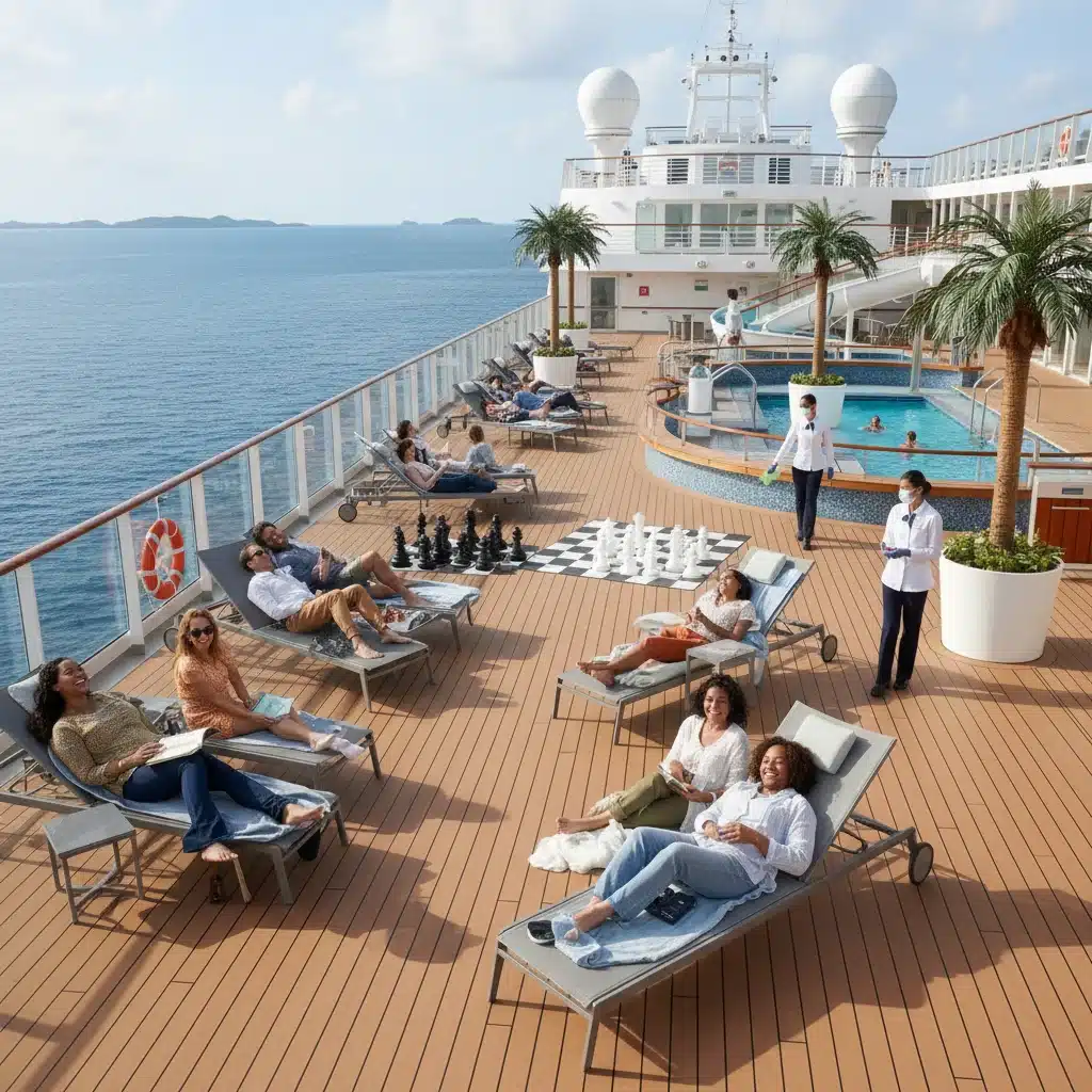 Happy cruise passengers enjoying clean deck with staff