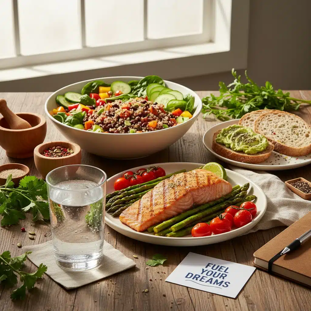 Healthy balanced meal promoting better sleep and overall well-being.