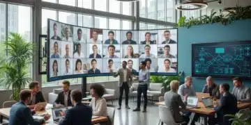 Professionals collaborating in a modern hybrid work environment