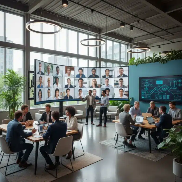 Professionals collaborating in a modern hybrid work environment