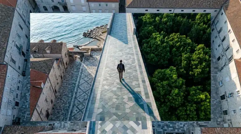 Aerial view of a person walking on a geometrically patterned city square, transitioning to a coastline and forest, representing diverse travel choices for beginners.
