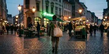 A person walking through a lively urban market at dusk, carrying a reusable bag with fresh produce, symbolizing engagement with modern daily trends and experience-seeking.