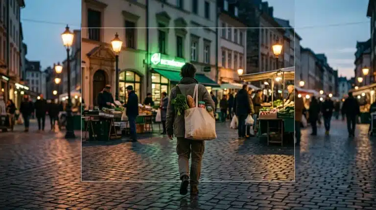 A person walking through a lively urban market at dusk, carrying a reusable bag with fresh produce, symbolizing engagement with modern daily trends and experience-seeking.