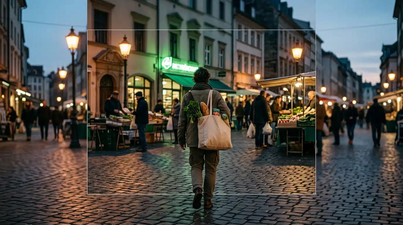 A person walking through a lively urban market at dusk, carrying a reusable bag with fresh produce, symbolizing engagement with modern daily trends and experience-seeking.