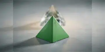 A minimalist, photorealistic image depicting a bright green ceramic geometric pyramid, perfectly sculpted but with fine cracks spreading from its apex, symbolizing the fragility of quick fixes in wellness. It rests on a matte gray concrete surface, with a blurred, shimmering mirage in the background. Soft studio lighting creates crisp shadows.
