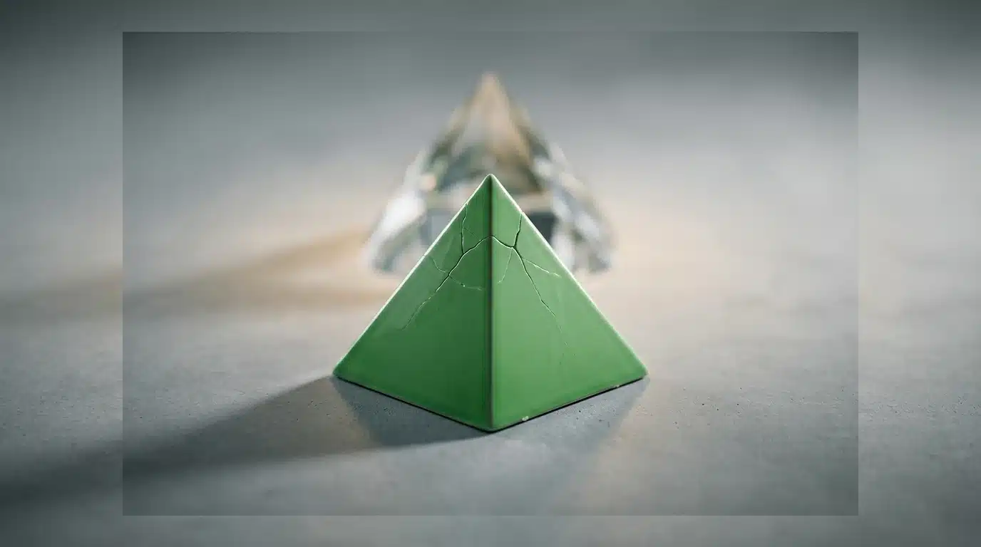 A minimalist, photorealistic image depicting a bright green ceramic geometric pyramid, perfectly sculpted but with fine cracks spreading from its apex, symbolizing the fragility of quick fixes in wellness. It rests on a matte gray concrete surface, with a blurred, shimmering mirage in the background. Soft studio lighting creates crisp shadows.