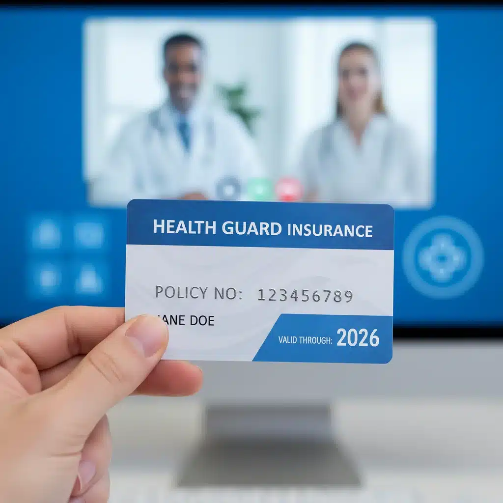 Hand holding a health insurance card with 2026, blurred telehealth screen in background.