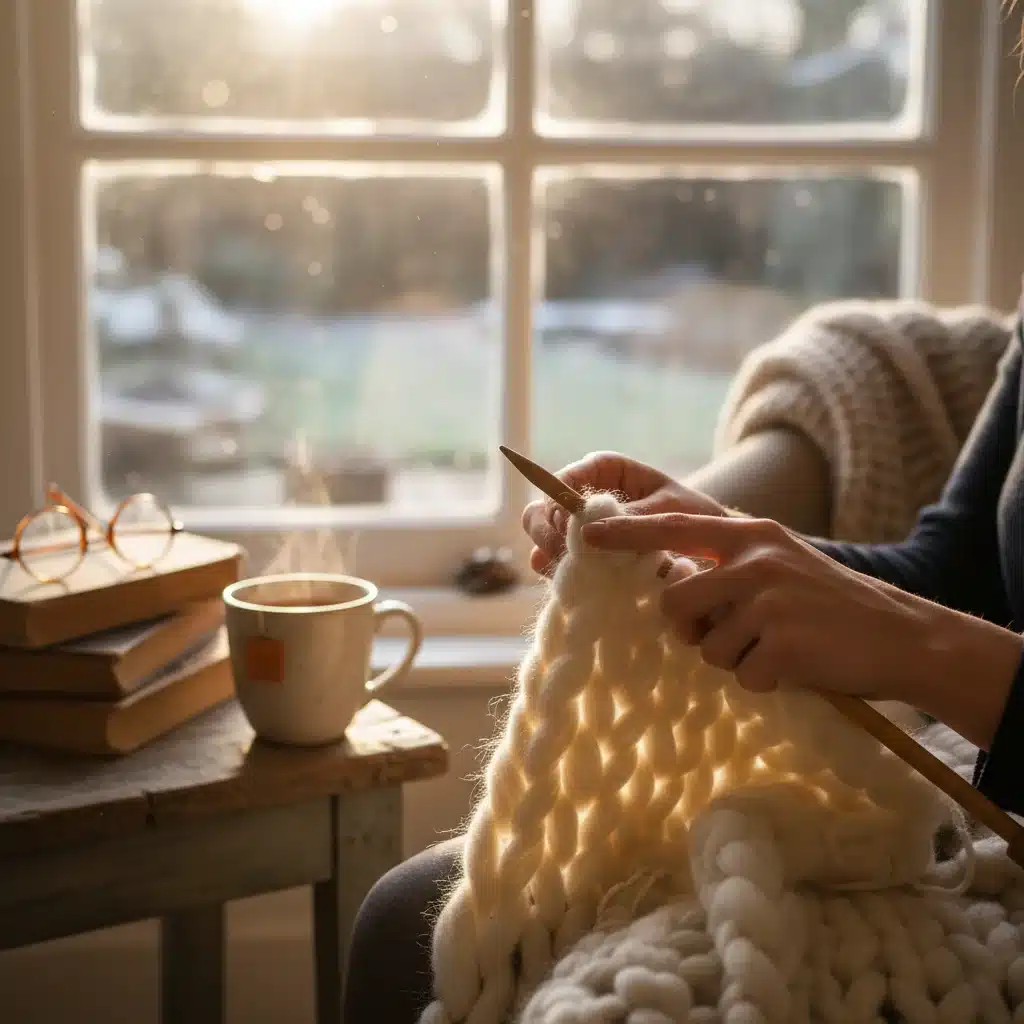 Hands knitting a chunky wool blanket by a sunlit window