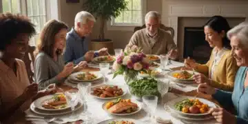 Diverse group mindfully eating healthy food at a sunlit table in America