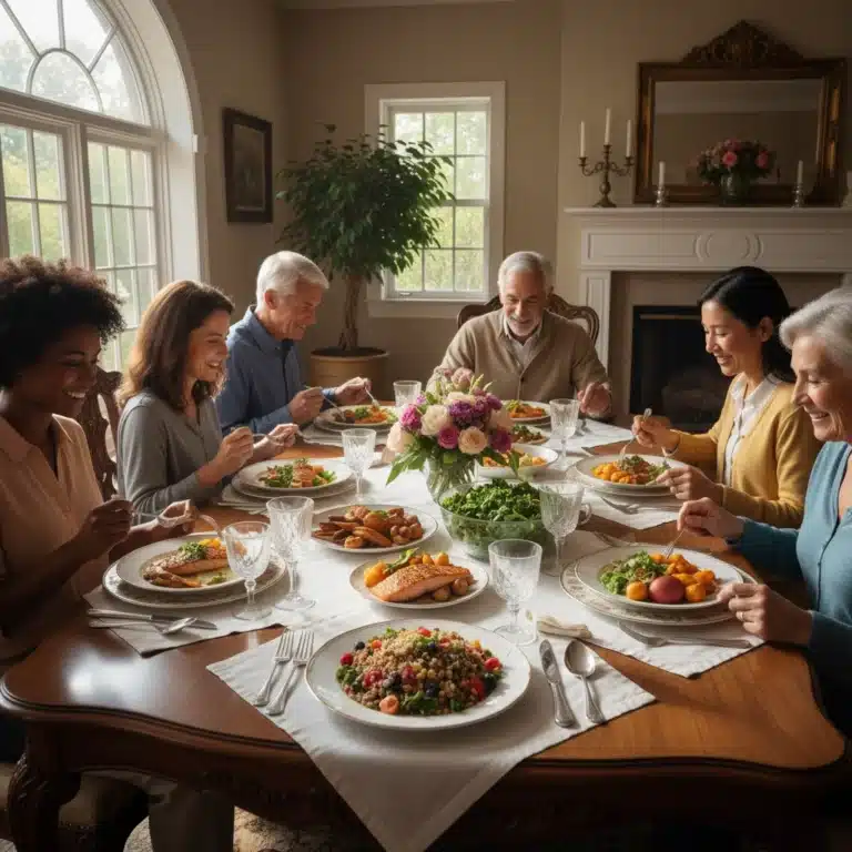 Diverse group mindfully eating healthy food at a sunlit table in America