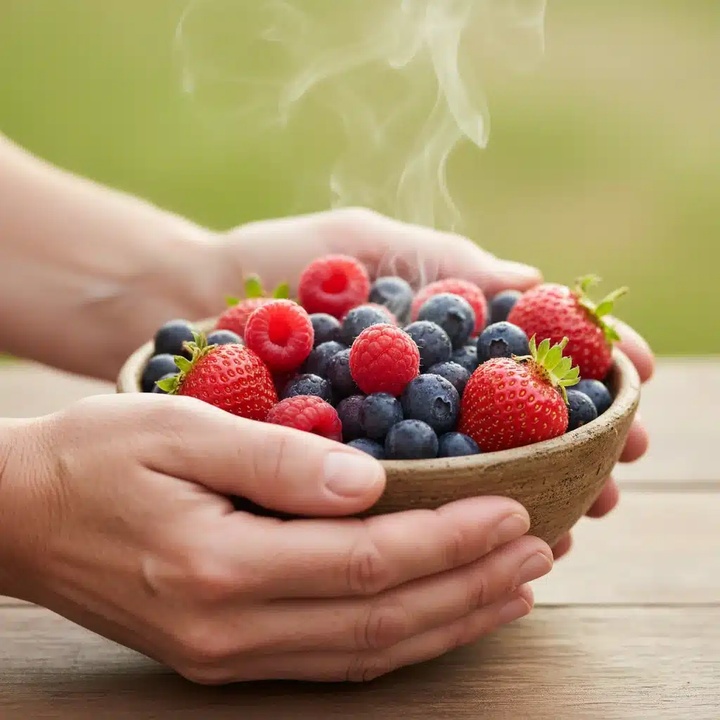 Hands holding fresh berries, practicing mindful food observation