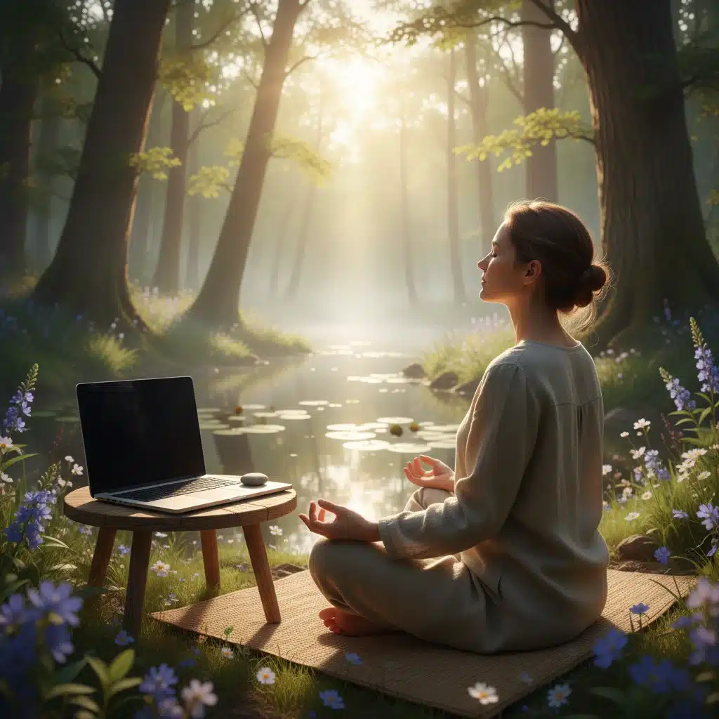 Person meditating outdoors, disconnecting from technology for mental well-being.
