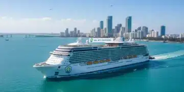 Modern cruise ship departing U.S. port with health emblem