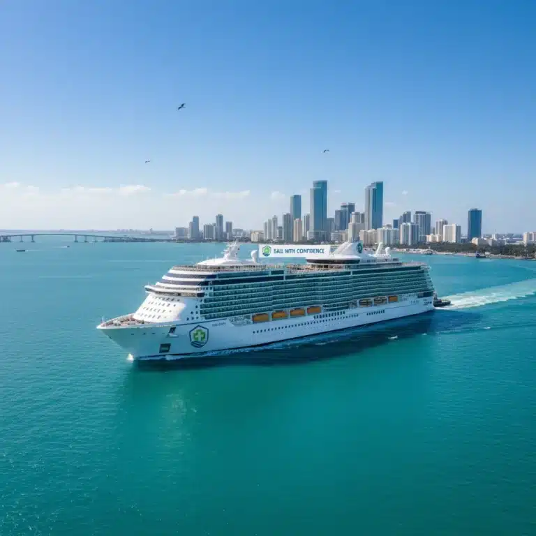 Modern cruise ship departing U.S. port with health emblem