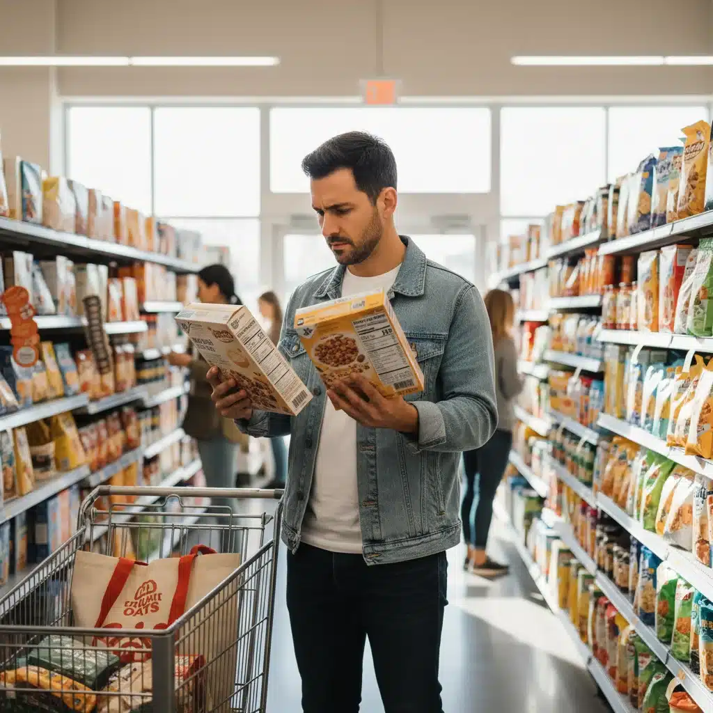 Person reading nutrition labels in a grocery store, understanding food choices.