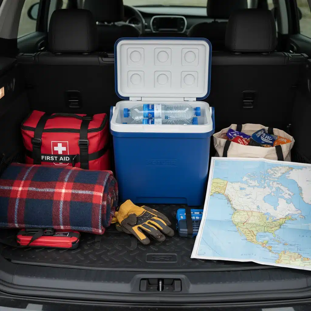 Organized car trunk with road trip essentials
