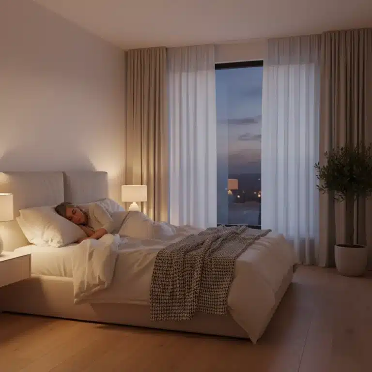 Peaceful bedroom setting with a sleeping adult over 40, symbolizing effective insomnia relief.