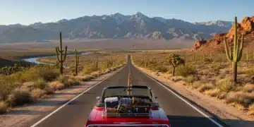 Scenic U.S. road trip with classic car and mountains