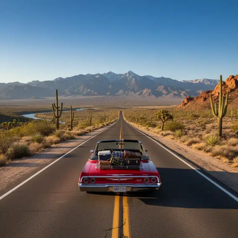 Scenic U.S. road trip with classic car and mountains