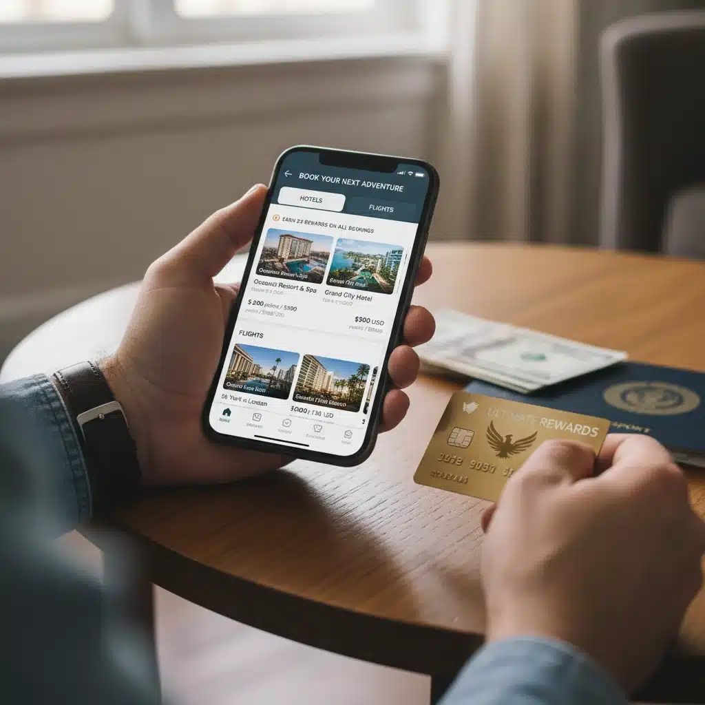 Booking travel on a smartphone with a credit card for rewards