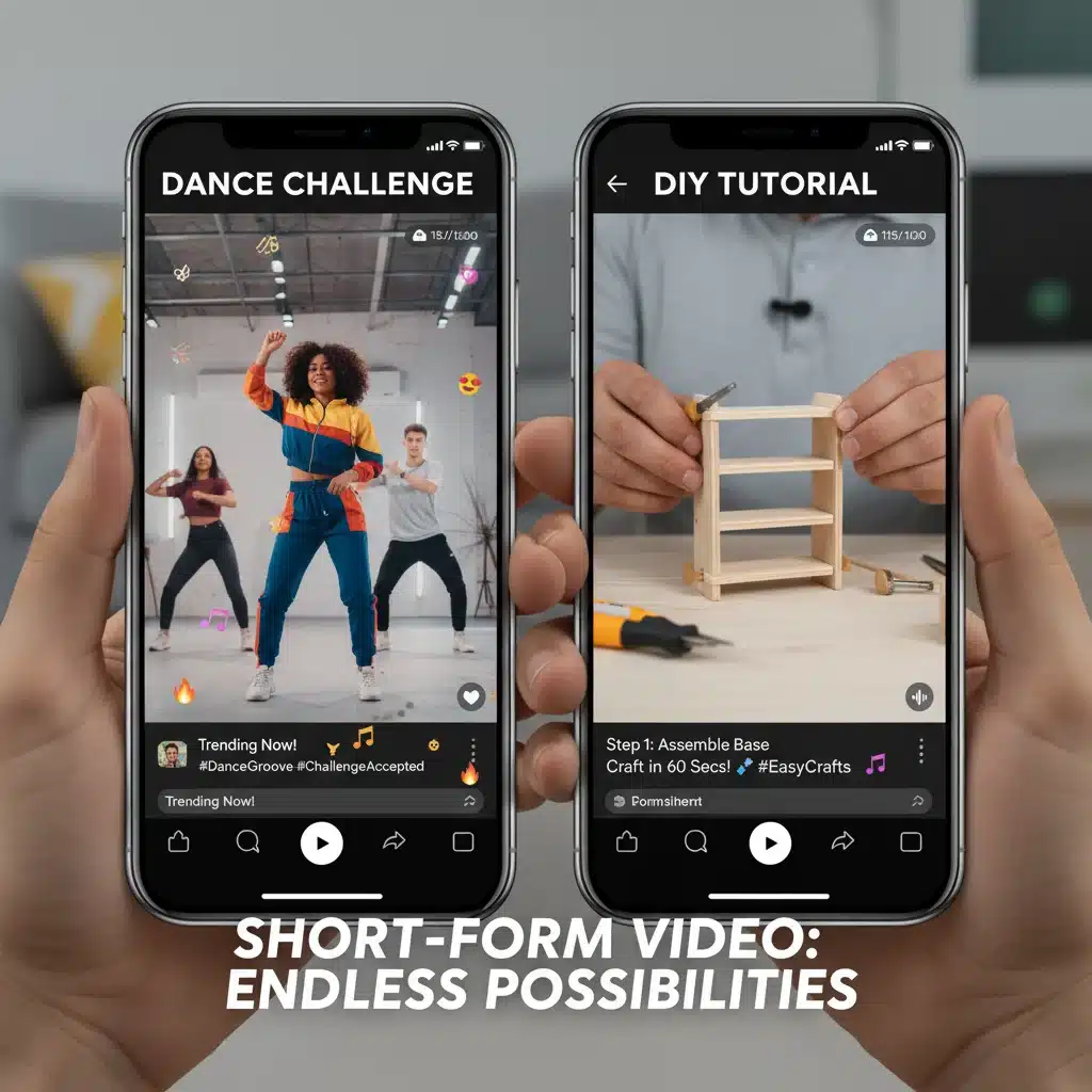 Split-screen graphic showing a dance challenge and a DIY tutorial on a smartphone, representing short-form video versatility.