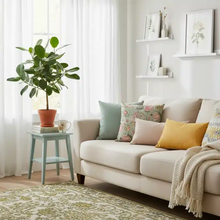 Bright living room with budget-friendly spring decor updates