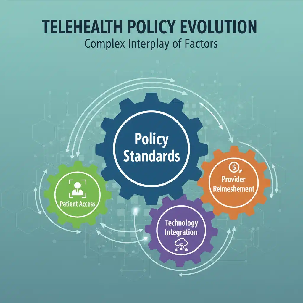 Interconnected gears representing patient access, provider reimbursement, and telehealth policy.