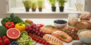 Colorful, healthy food spread representing USDA 2026 dietary guidelines and grocery cost impact.