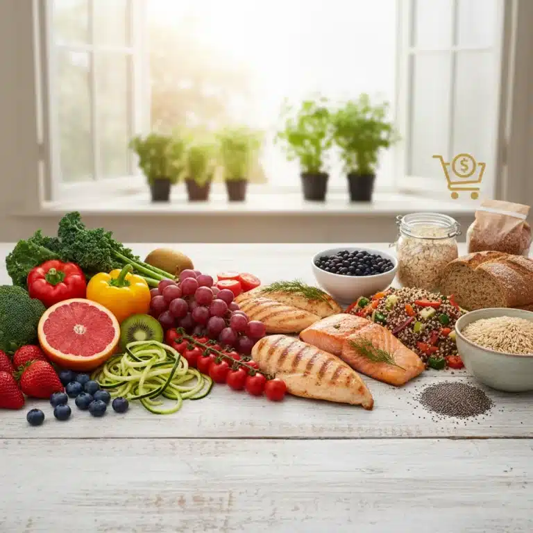 Colorful, healthy food spread representing USDA 2026 dietary guidelines and grocery cost impact.