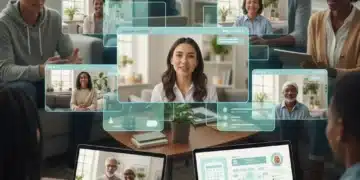 Virtual mental health therapy session on a laptop, showing a diverse patient receiving care.