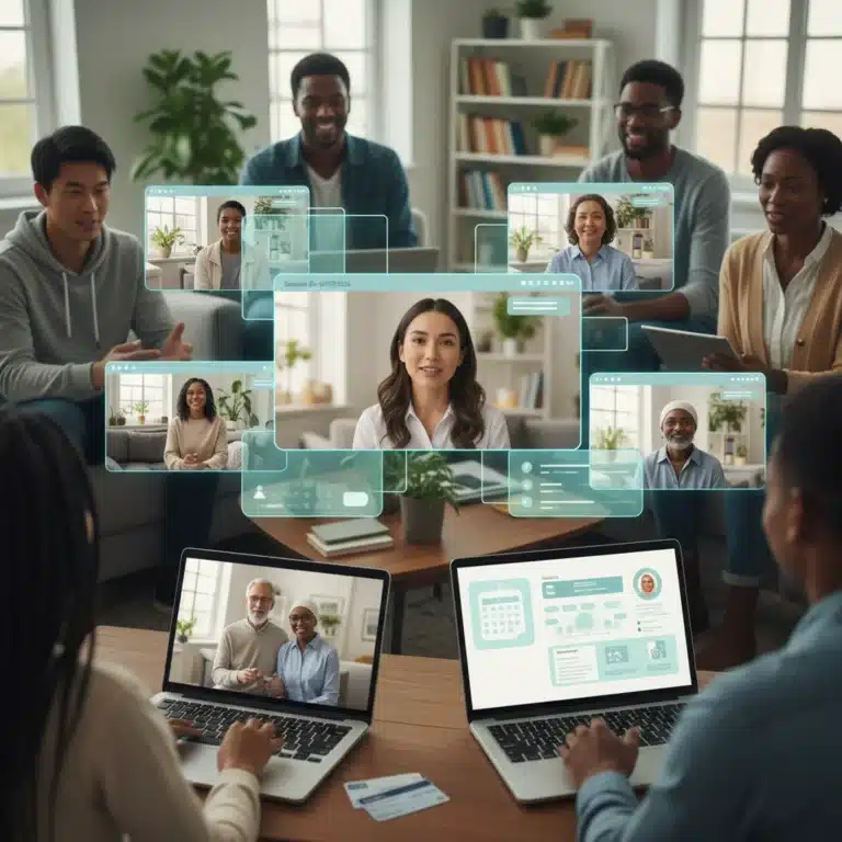 Virtual mental health therapy session on a laptop, showing a diverse patient receiving care.